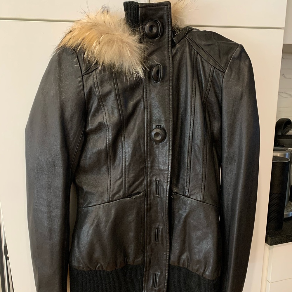 Mackage leather jacket with leather fur hood